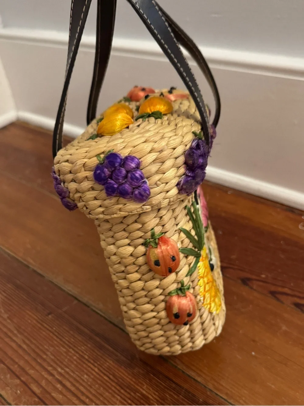 Rafe New York Vintage Straw Braided Basket Bag w/ Embroidered Fruit Square
